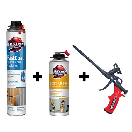 KRAKENBOND Krakenbond FastCoat Insulation Foam Spray, 27.1 oz, 1 Gun Use Can, 1 Spray Foam Gun, 1Spray Foam Cleaner, 3PK 1FC1FGC1SG